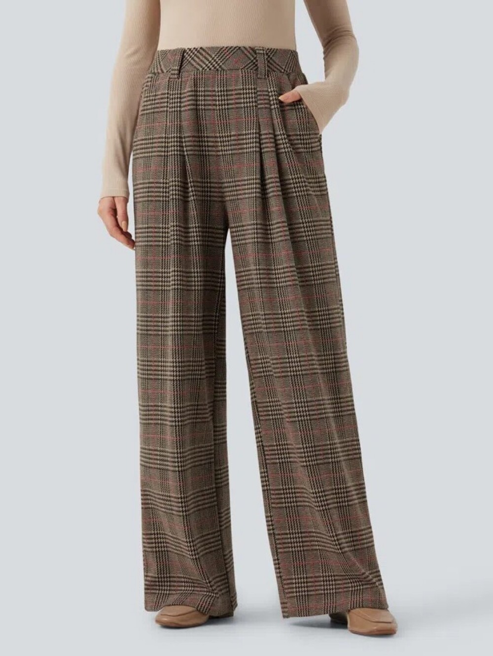 Halara High Waisted Pocket Wide Leg Baggy Houndstooth Plaid Casual Pants NWT MP
